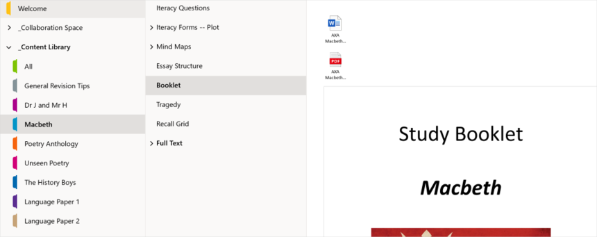 A screenshot of the contents of Andrew's Macbeth folder within the Content Library of Class Notebook. The following sub-sections can be seen: Iteracy Questions; Iteracy Forms -- Plot; Mind Maps; Essay Structure; Booklet; Tragedy; Recall Grid; and Full Text.