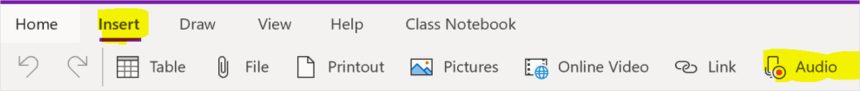 A screenshot of OneNote showing how to insert an audio message.