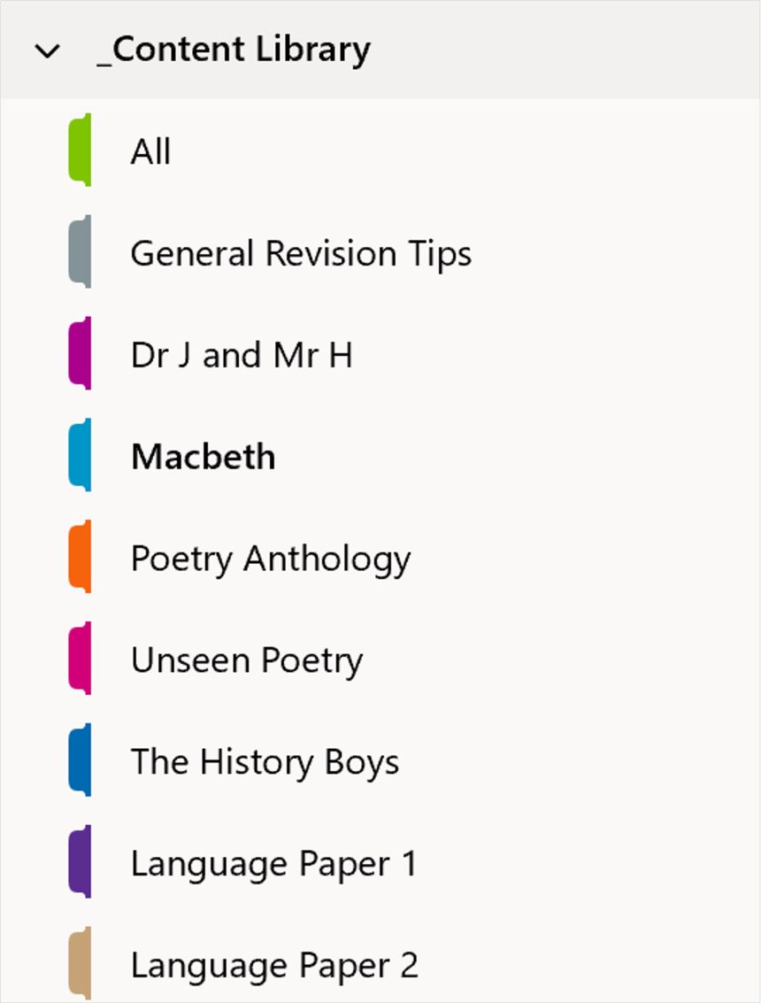 A screenshot of the Content Library of Andrew's Class Notebook in OneNote. The following sections can be seen: All; General Revision Tips; Dr J and Mr H; Macbeth; Poetry Anthology; Unseen Poetry; The History Boys; Language Paper 1; and Language Paper 2.