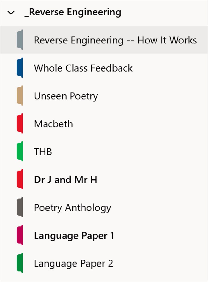 A screenshot of the Reverse Engineering section of Andrew's Class Notebook in OneNote. The following sub-sections can be seen: Reverse Engineering -- How it Works; Whole Class Feedback; Unseen Poetry; Macbeth; THB; Dr J and Mr H; Poetry Anthology; Language Paper 1; and Language Paper 2.