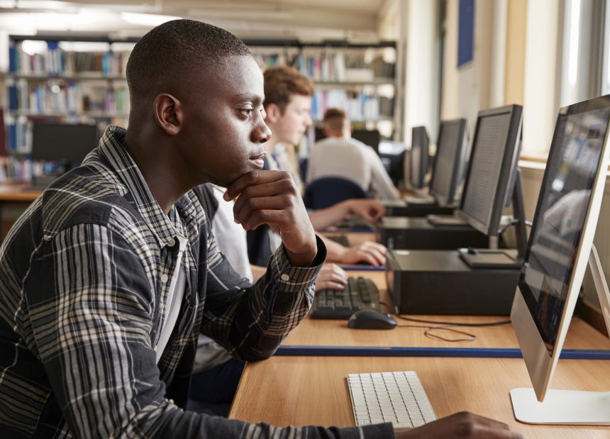 Student researching A Level subject choices.