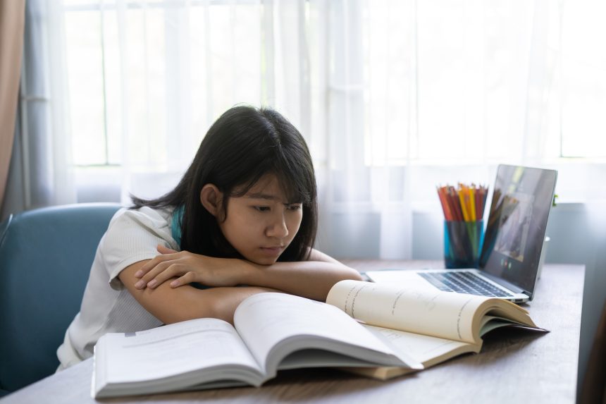 Young girl revising over the Christmas holidays.