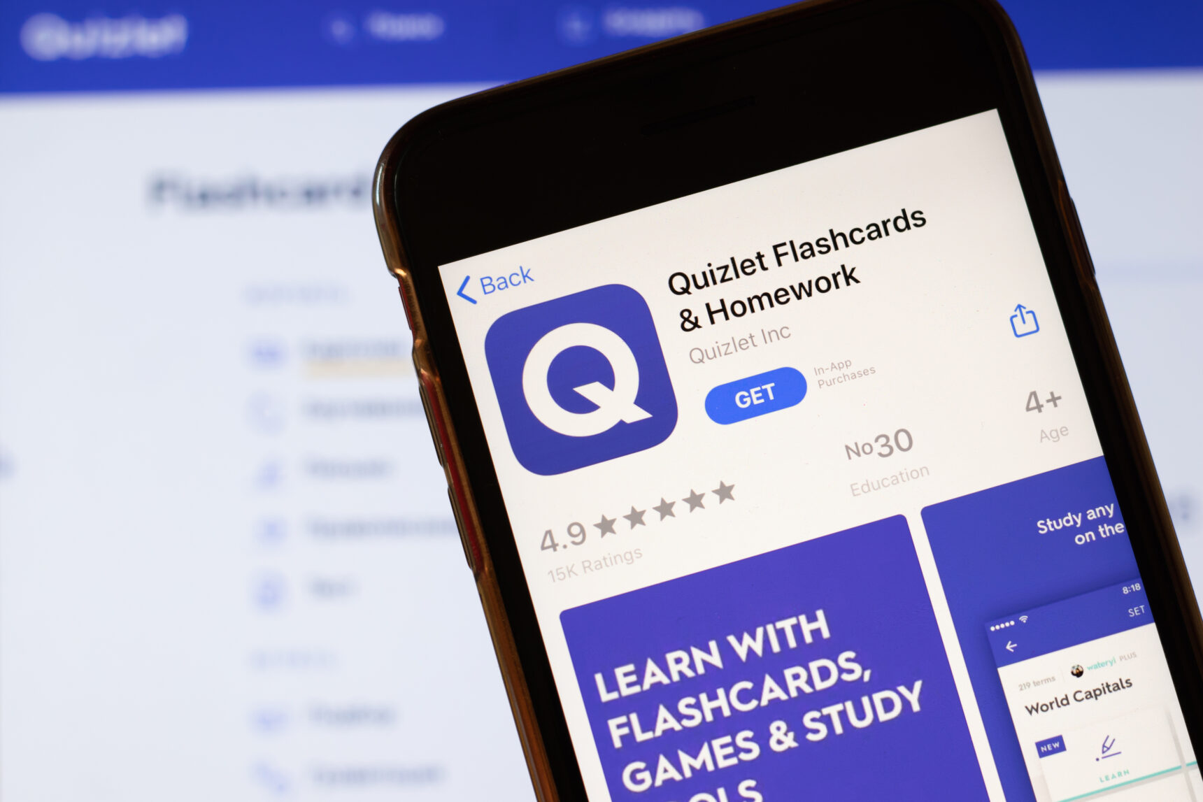 A mobile phone showing the Quizlet app, one of the best clasroom apps for quizzes and flashcards.