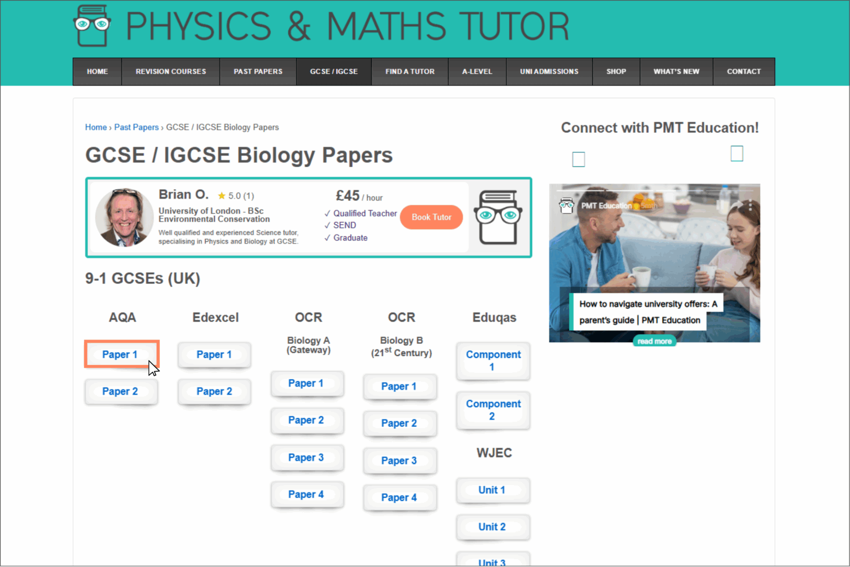 A screenshot of the GCSE Biology past paper page on the Physics and Maths Tutor website.