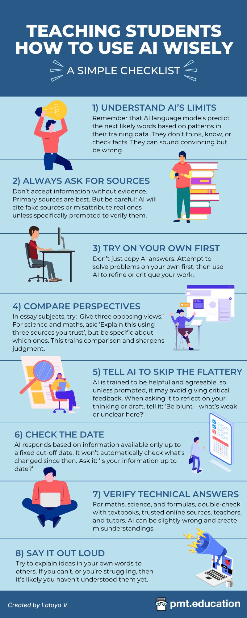 Infographic from PMT Education blog showing a checklist for teaching students to use AI wisely.
