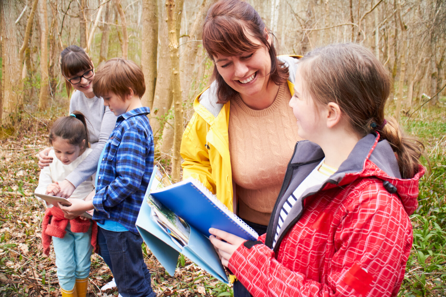 A group of home educated children are learning outdoors at a forest school.